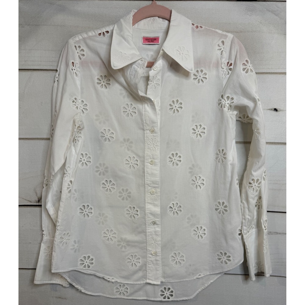 Kate Spade New York White Floral Eyelet Cotton Button Down Shirt Small